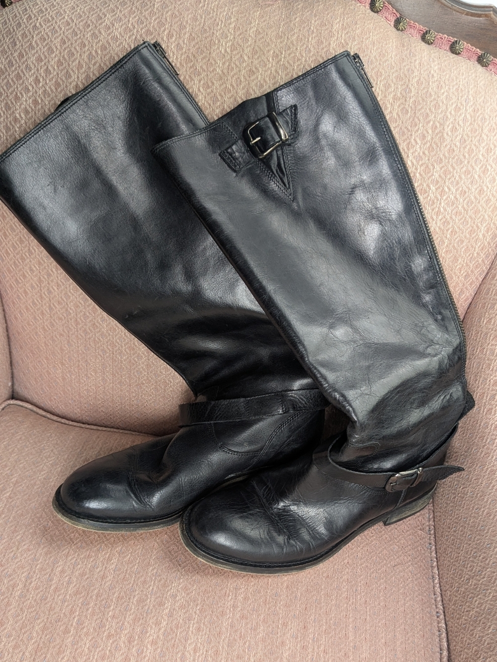 Italian Made Black Leather Tall Riding Boots Back Zip Buckle Strap 37 / 6.5